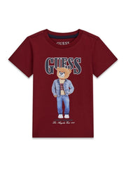 T-shirt Scugnizzi 0-16 bordeaux in cotone con stampa grafica frontale di un orsetto con giacca di jeans