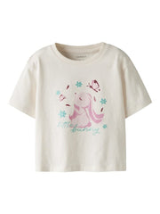 T-shirt Scugnizzi 0-16 in cotone avorio con stampa grafica di un coniglietto, fiori e farfalle, girocollo a costine.