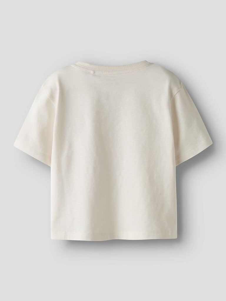 T-shirt a maniche corte Scugnizzi 0-16 in cotone color crema, vista posteriore con girocollo a costine