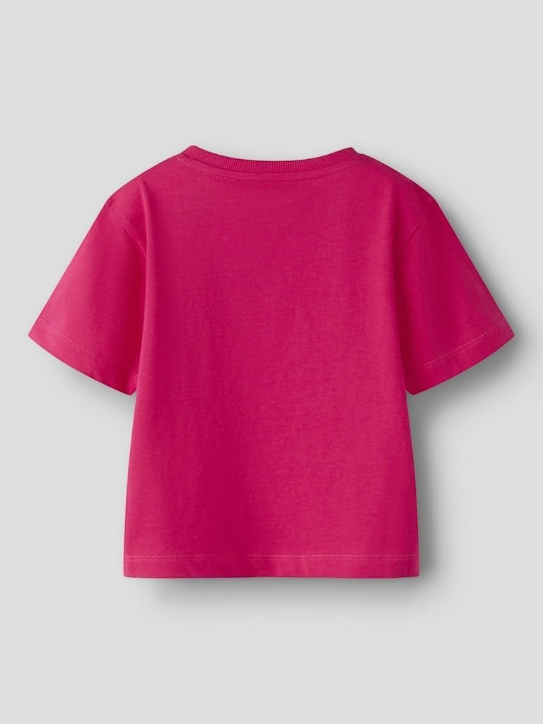 T-shirt a maniche corte Scugnizzi 0-16 in cotone fucsia a tinta unita con girocollo a costine, vista posteriore.