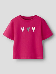 T-shirt Scugnizzi 0-16 fucsia in cotone con stampa di tre cuori sul petto e girocollo a costine