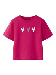 T-shirt Scugnizzi 0-16 fucsia in cotone con stampa di tre cuori sul petto, girocollo a maniche corte.