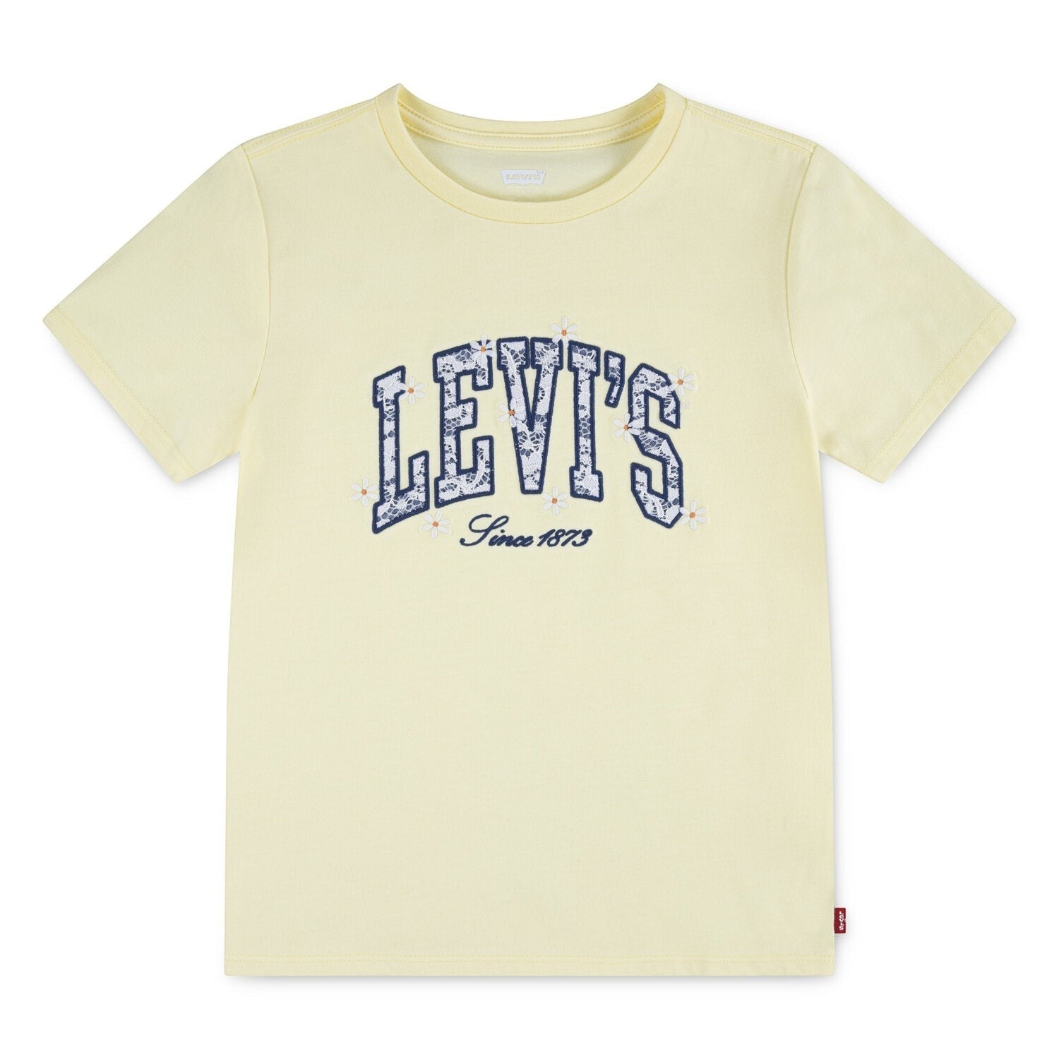 T-shirt gialla in cotone Scugnizzi 0-16 con logo Levi's, dettagli in pizzo e ricami a margherita per bambini