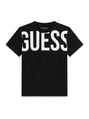 T-shirt nera a maniche corte GUESS in cotone con logo bianco stampato sul petto, proposta da Scugnizzi 0-16