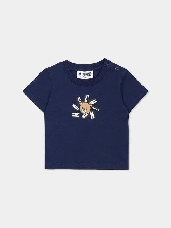 T-shirt blu navy in cotone Scugnizzi 0-16 con iconico logo Moschino e orsetto Teddy Bear, girocollo con bottoni.