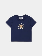 T-shirt blu navy in cotone Scugnizzi 0-16 con iconico logo Moschino e orsetto Teddy Bear, girocollo con bottoni.