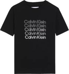 T-shirt nera in cotone Scugnizzi 0-16 con logo Calvin Klein ripetuto stampato sul petto e girocollo classico
