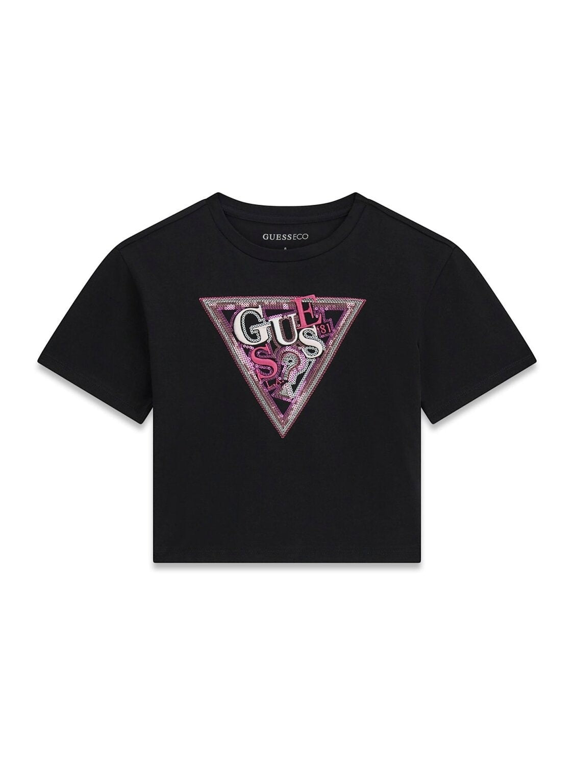 T-shirt nera a maniche corte Scugnizzi 0-16 con logo triangolare GUESS decorato da strass e dettagli brillanti