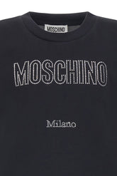 T-shirt nera in cotone Scugnizzi 0-16 con logo Moschino e scritta Milano realizzati in luminosi strass