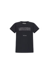 T-shirt nera a maniche corte Scugnizzi 0-16 in cotone con logo Moschino e scritta Milano realizzati in strass