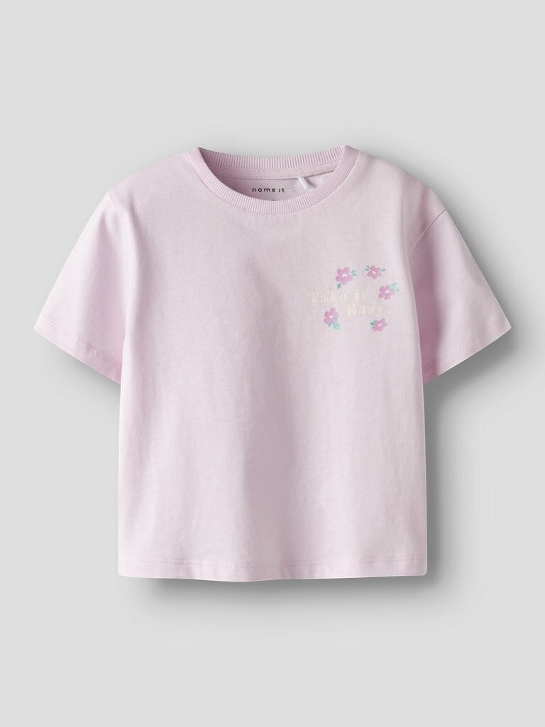 T-shirt Scugnizzi 0-16 in cotone rosa a maniche corte con stampa grafica floreale e scritta Take It Easy