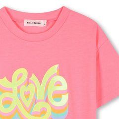 T-shirt rosa in cotone Scugnizzi 0-16 con scritta Love glitterata e grafica colorata per bambina
