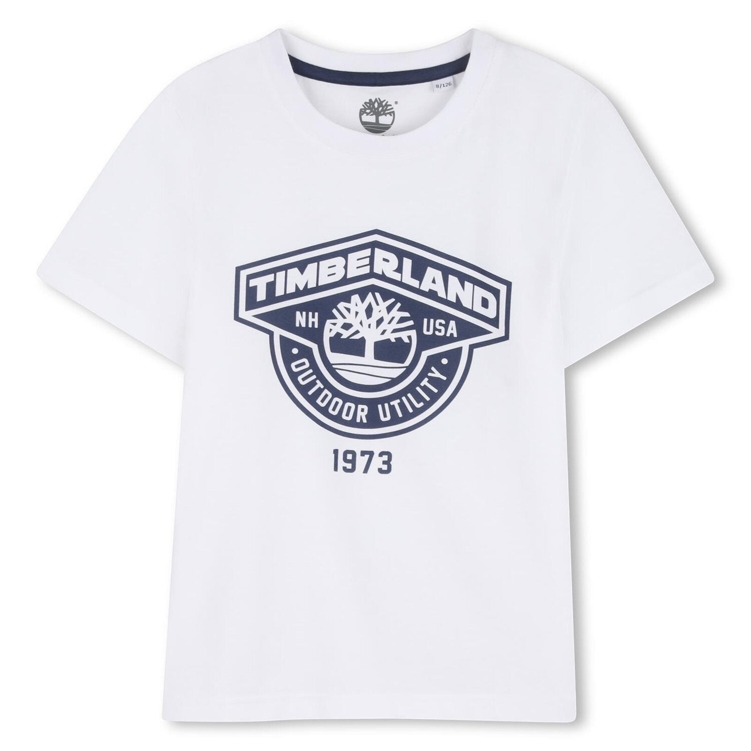 T-shirt bianca in cotone Scugnizzi 0-16 Timberland con logo blu stampato sul petto per bambino