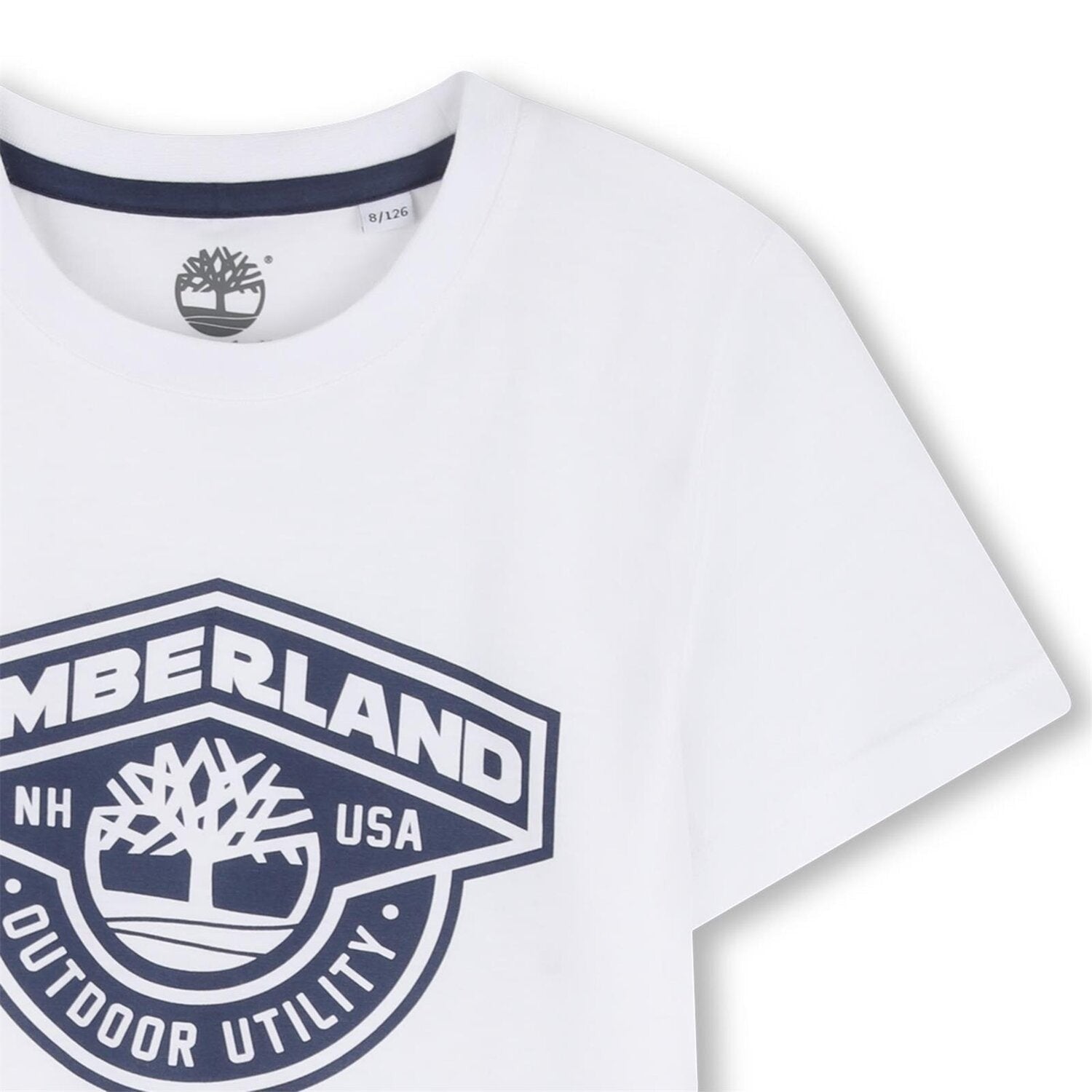 T-shirt bianca in cotone Scugnizzi 0-16 Timberland con logo blu stampato sul petto per bambino