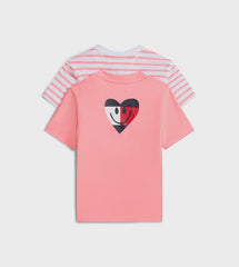 Set di due magliette Scugnizzi 0-16 Tommy Hilfiger in cotone, una rosa con cuore e una a righe bianche e rosa.