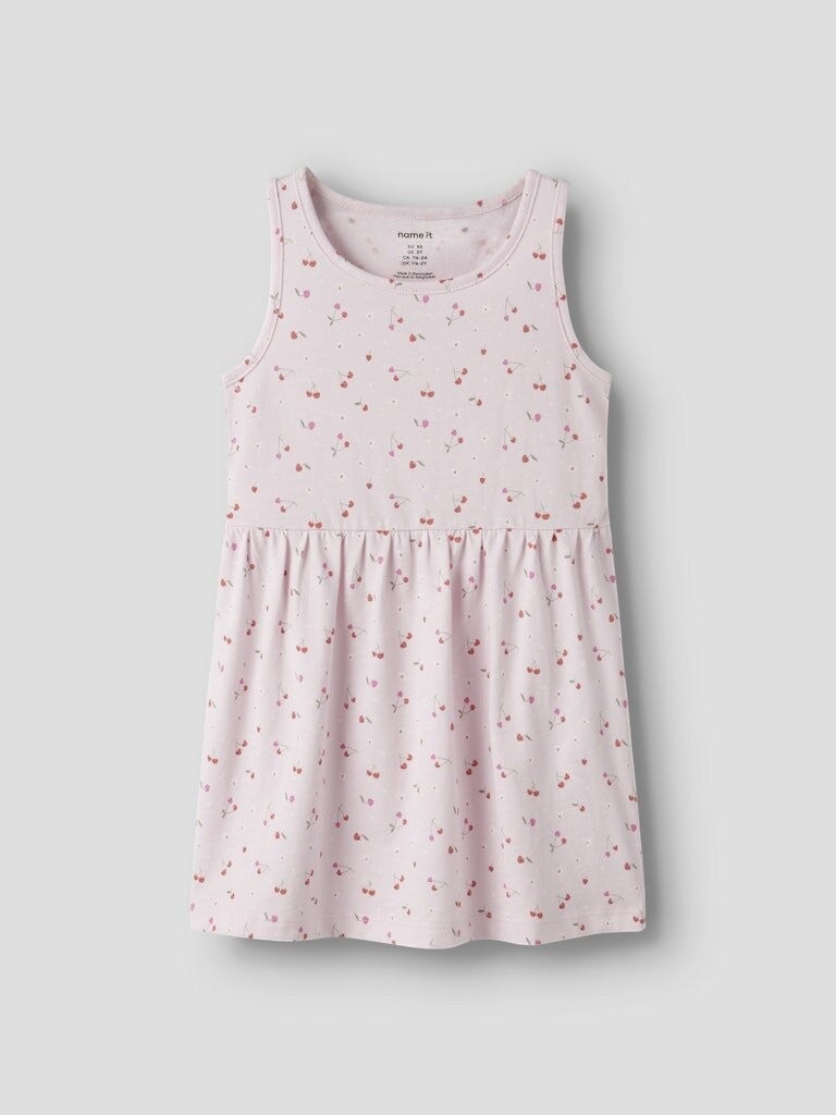 Vestito senza maniche Scugnizzi 0-16 in cotone lilla con stampa floreale e ciliegie per bambina