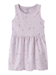 Vestito senza maniche Scugnizzi 0-16 in cotone lilla con stampa floreale e pois per bambina