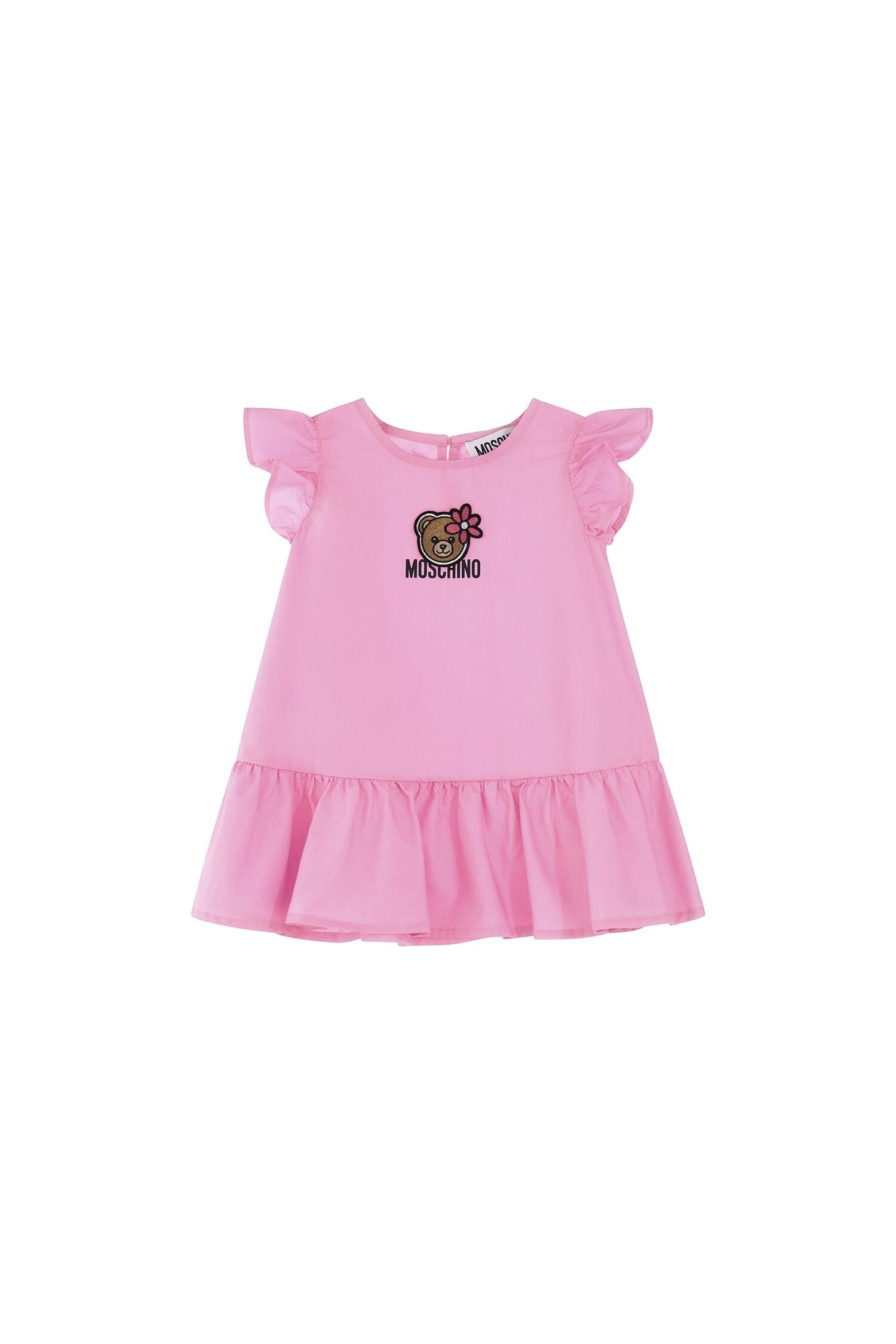 Vestito rosa Scugnizzi 0-16 Moschino con volant, maniche arricciate e applicazione Teddy Bear con fiore sul petto.