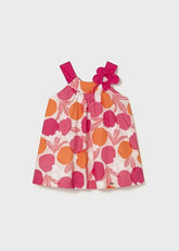 Abito estivo Scugnizzi 0-16 con stampa floreale rosa e arancione, spalline con fiore applicato.