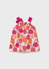 Abito estivo Scugnizzi 0-16 in cotone leggero con stampa floreale e frutti rosa e arancioni, spalline con dettaglio floreale.