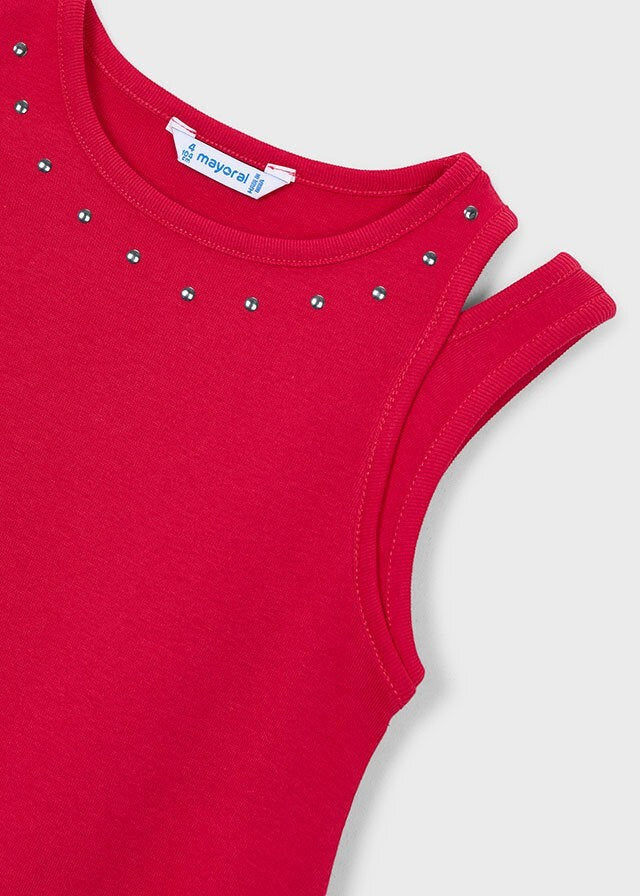 Abito fucsia in cotone per bambina Scugnizzi 0-16 con borchie argentate sul girocollo e spalle tagliate.