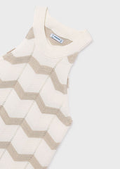 Abito lungo senza maniche Scugnizzi 0-16 in maglia a zig-zag bianca e beige, con collo alto.