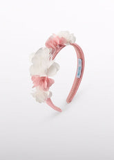 Scugnizzi 0-16 fascia per capelli rosa cipria con fiori decorativi bianchi e rosa in tessuto, base in raso.