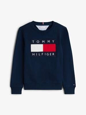 Felpa blu navy in cotone per bambini di Tommy Hilfiger con logo a blocchi di colore sul davanti.