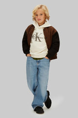 Scugnizzi 0-16: Felpa con cappuccio écru in cotone per bambino con logo Calvin Klein stampato sul davanti e bomber marrone/nero.