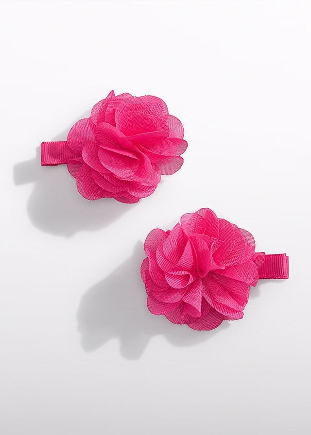 Set di 2 fermagli per capelli Scugnizzi 0-16 con fiori rosa shocking in garza.