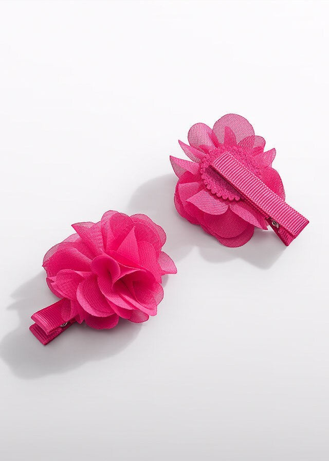 Set di 2 fermagli per capelli Scugnizzi 0-16 con fiori rosa shocking in garza multistrato, perfetti per bambine.