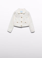 Giacca corta bianca in denim di cotone per bambina, con colletto Peter Pan, paillettes scintillanti e bottoni dorati.