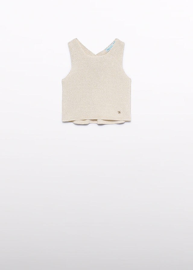 Scugnizzi 0-16 gilet senza maniche in tessuto metallizzato color champagne con scollo americano e logo dorato sul davanti.
