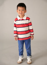 Scugnizzi 0-16 bambino in jeans blu classici con elastico in vita e maglia a righe rosse e bianche