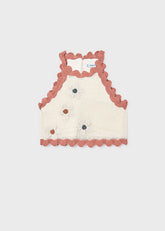Scugnizzi 0-16 maglia bambina uncinetto color crema con fiori applicati e bordi a smerlo rosa.