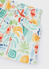 Scugnizzi 0-16 shorts da bambina con stampa tropicale multicolore, vita elasticizzata e tasche laterali.