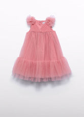 Vestito da bambina Scugnizzi 0-16 rosa corallo in tulle, con maniche a sbuffo e balza sul fondo.
