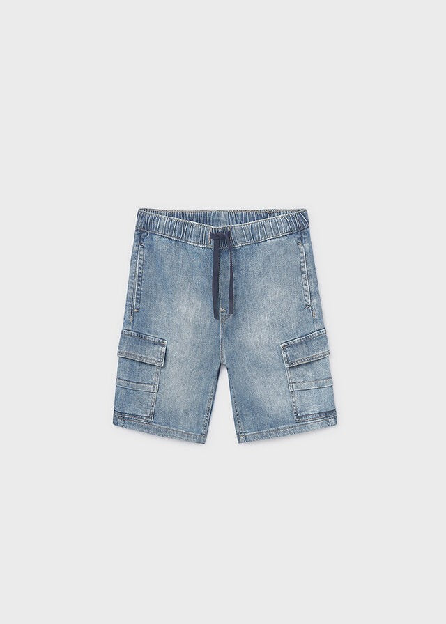 Scugnizzi 0-16 bermuda cargo in denim lavato azzurro con vita elasticizzata e coulisse, tasche laterali.