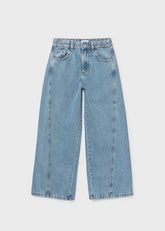 Jeans larghi a vita alta Scugnizzi 0-16 in denim di cotone lavaggio chiaro con cuciture a vista e tasche funzionali.