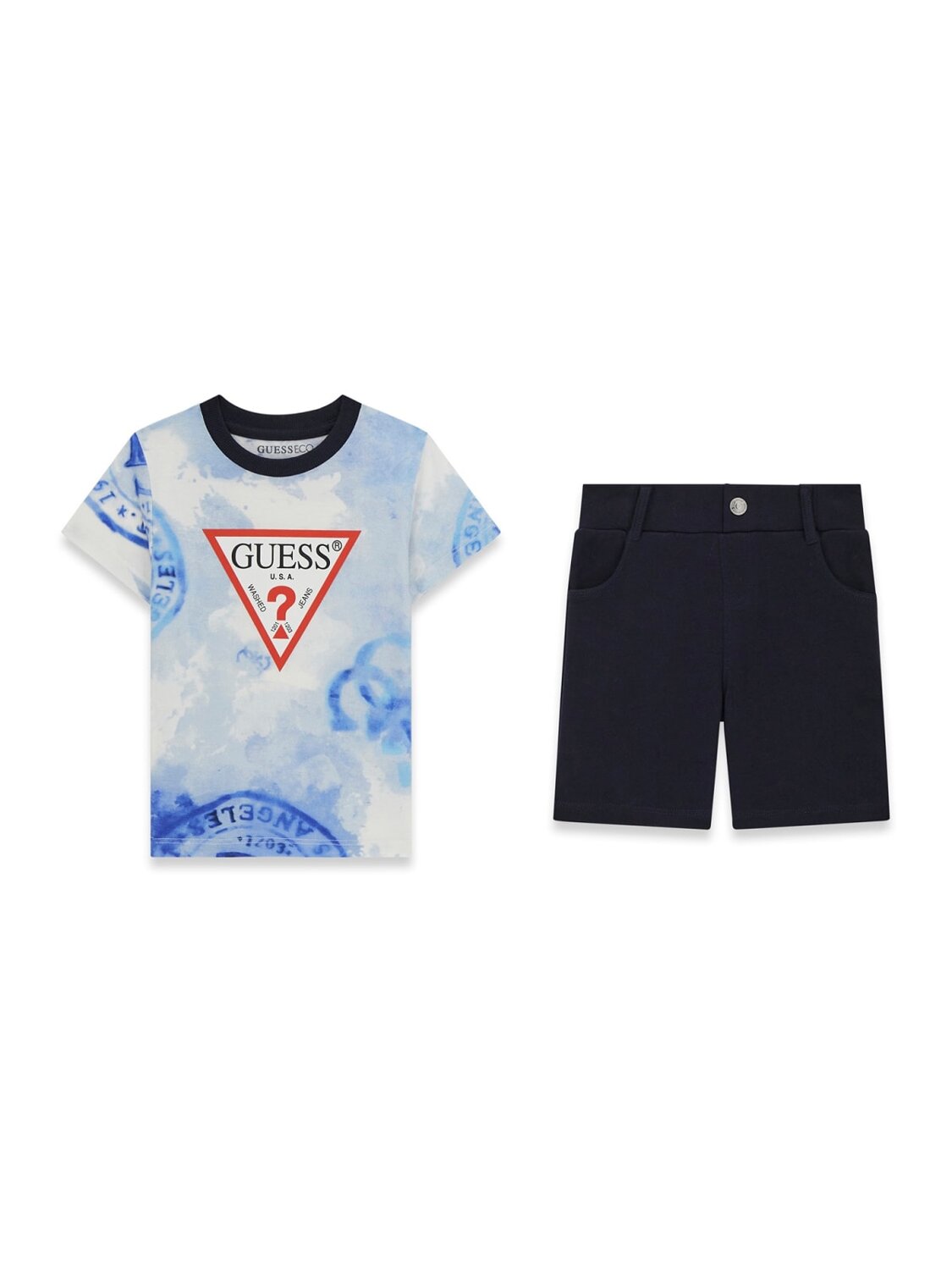 Guess Kids Set t-shirt a manica corta e shorts sportivi bambino blu hawaiian stamps