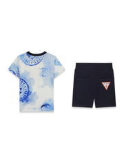 Guess Kids Set t-shirt a manica corta e shorts sportivi bambino blu hawaiian stamps – vista 2