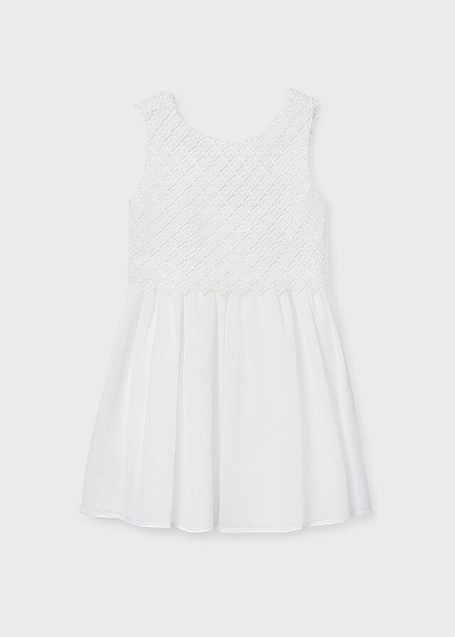 Abito elegante bianco Scugnizzi 0-16 senza maniche con corpetto ricamato geometrico e gonna fluida per bambina