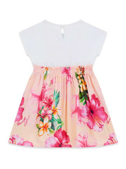 Abito estivo Scugnizzi 0-16 Guess per bambina con corpetto bianco e gonna rosa a stampa floreale tropicale