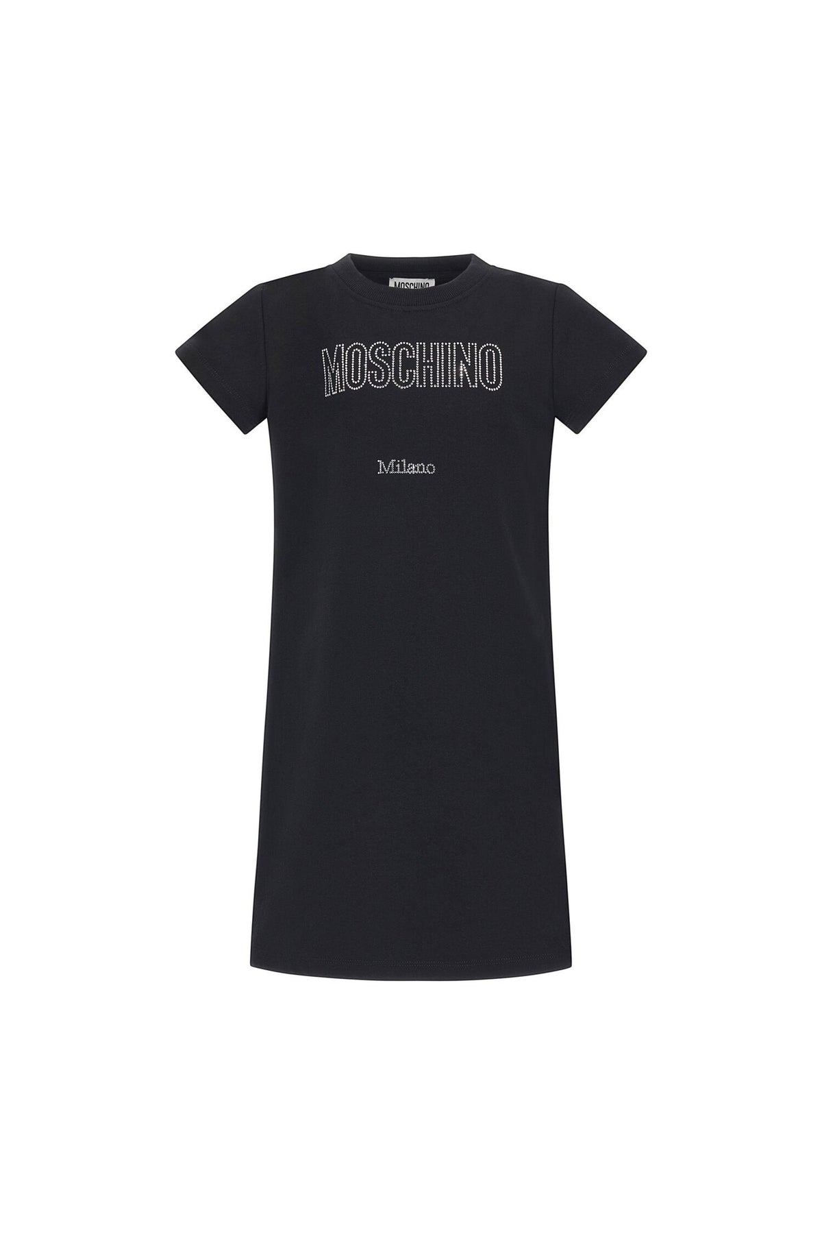 Abito corto nero Scugnizzi 0-16 in cotone con logo Moschino Milano decorato da strass luminosi