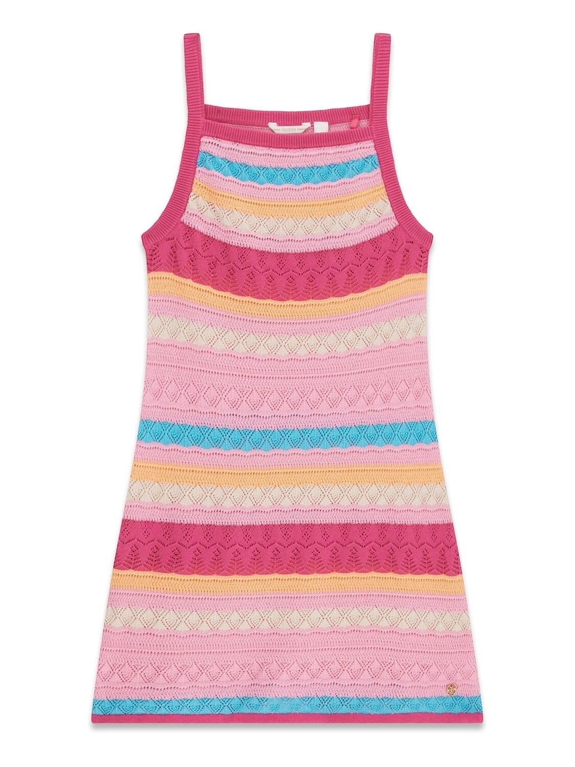 Abito estivo Scugnizzi 0-16 per bambina in maglia traforata a righe multicolore rosa, giallo e azzurro senza maniche