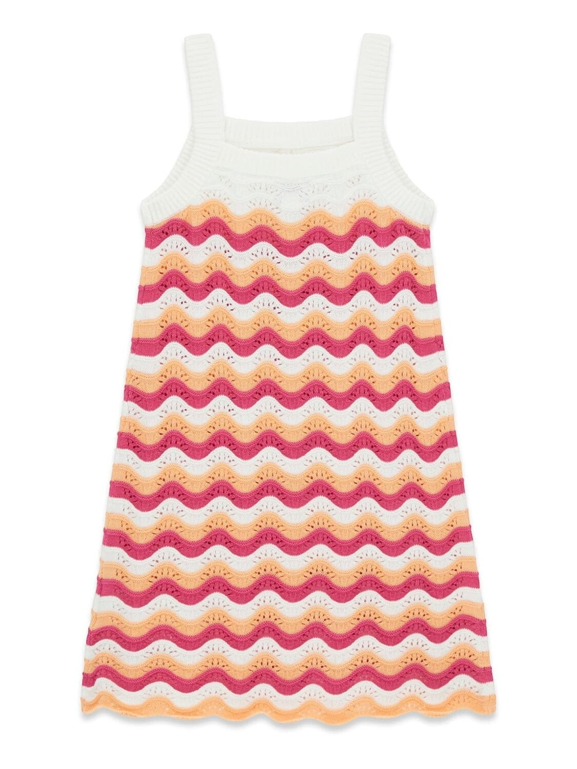 Abito estivo Scugnizzi 0-16 lavorato a maglia con motivo a onde multicolore rosa, arancio e bianco per bambina.