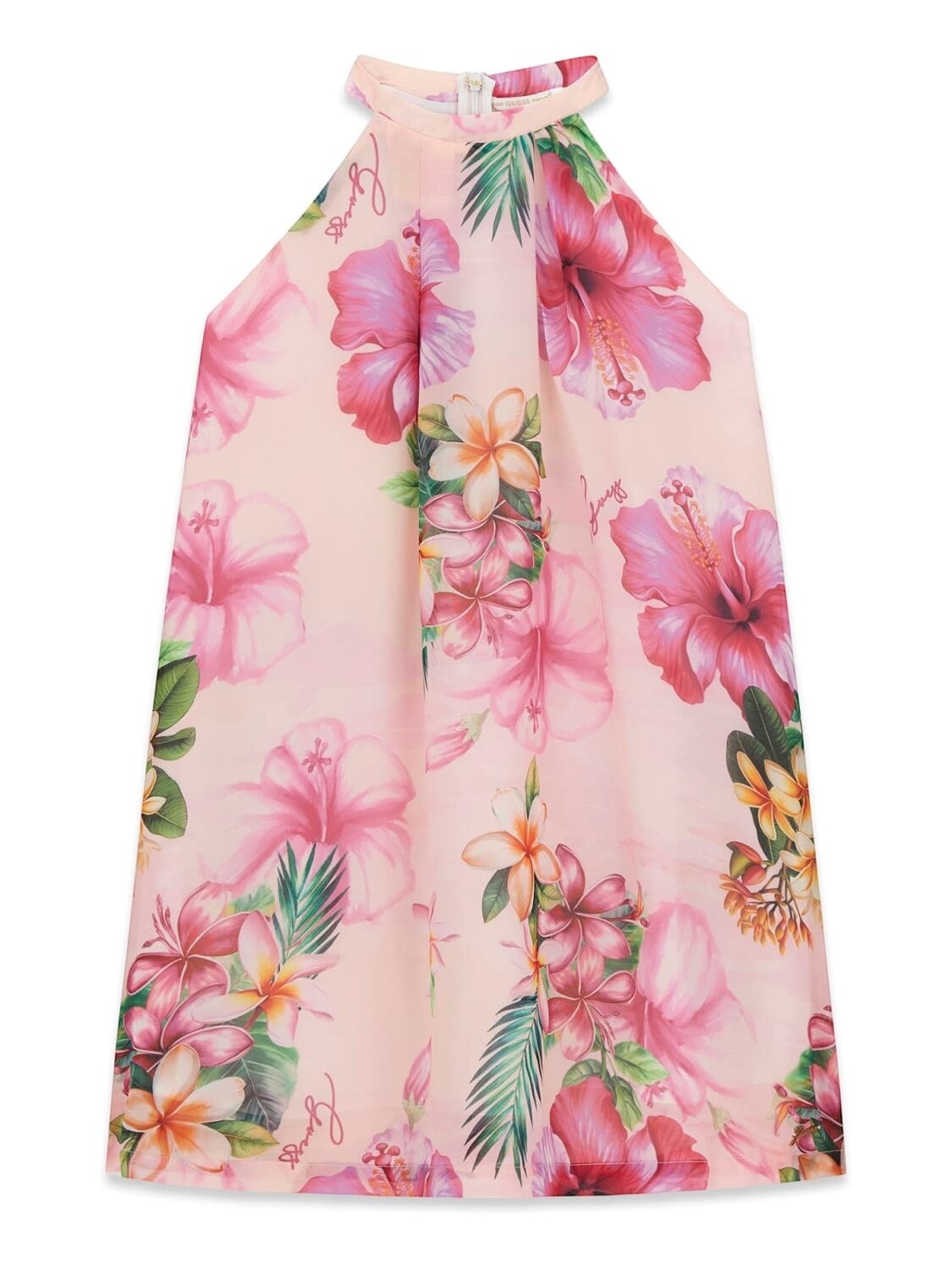 Abito elegante senza maniche Scugnizzi 0-16 GUESS rosa con stampa floreale tropicale e collo alto