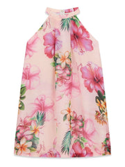Abito elegante senza maniche Scugnizzi 0-16 GUESS rosa con stampa floreale tropicale e collo alto