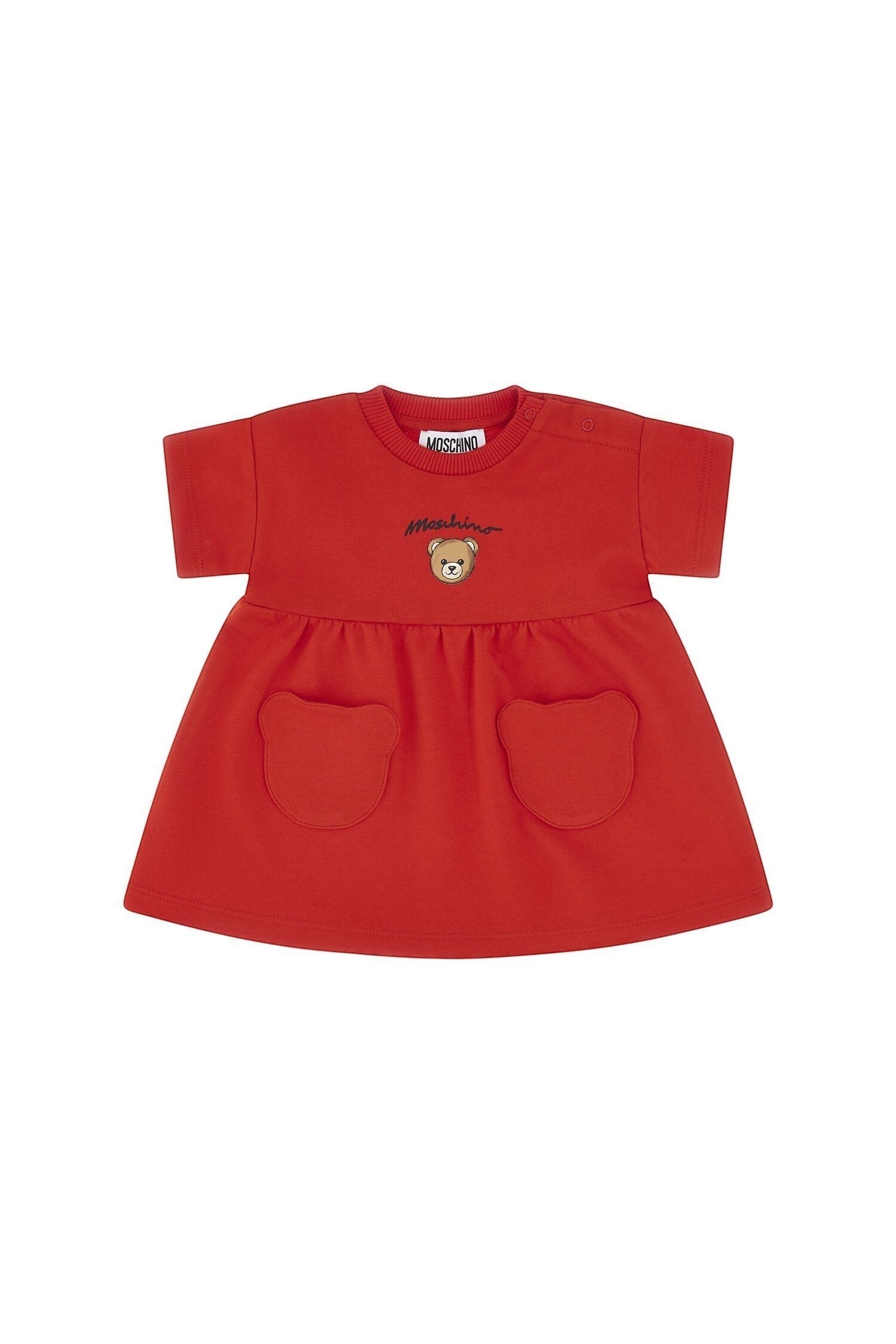 Abito rosso a maniche corte Scugnizzi 0-16 in cotone con logo Moschino, Teddy Bear ricamato e tasche a forma di orsetto.