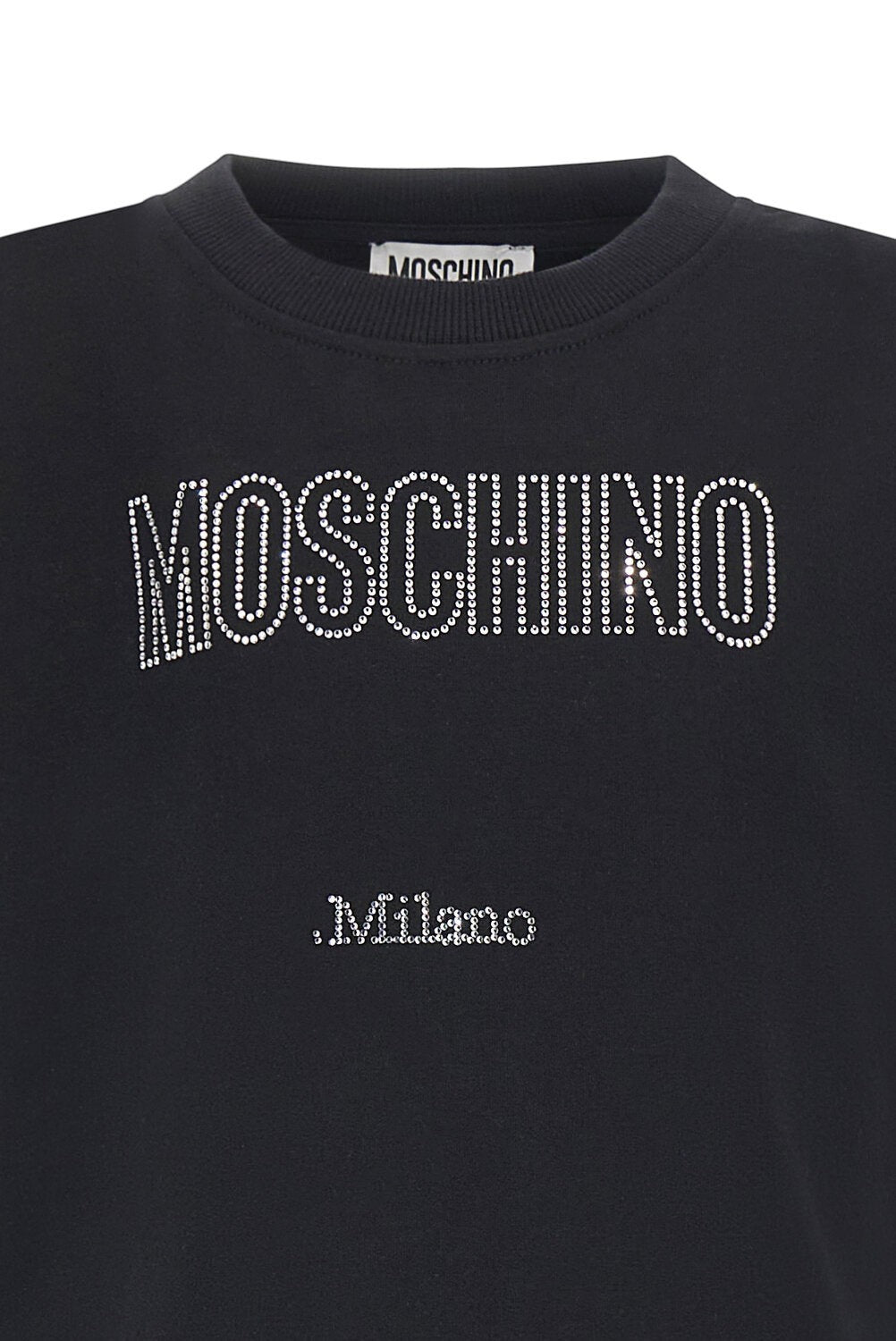 Abito corto nero Scugnizzi 0-16 in cotone con logo Moschino Milano decorato da strass luminosi sul petto